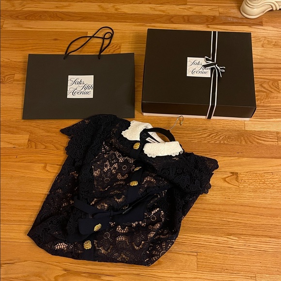 Self Portrait White Collar Navy Lace Midi Dress Size 8 - Picture 3 of 16